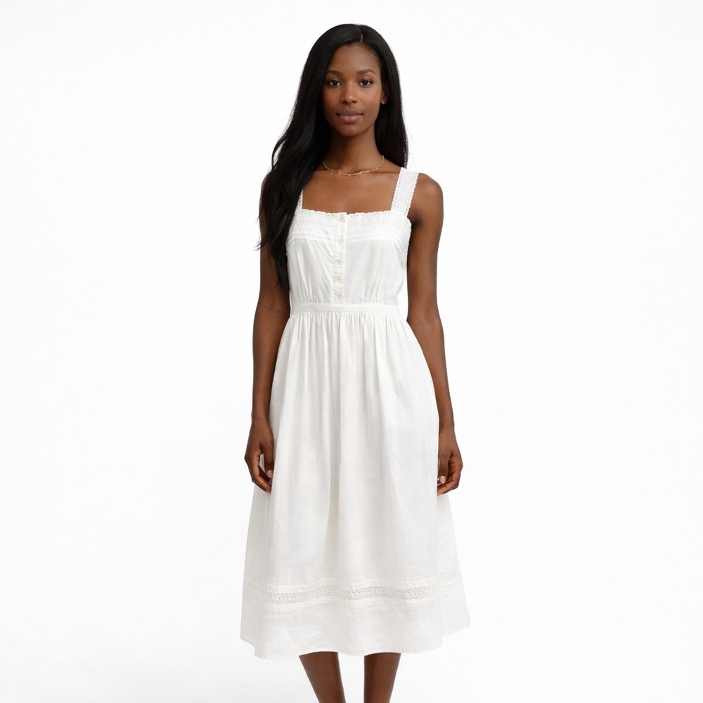 SKYE White Cotton Linen Lace Strap Midi Dress Button‎ Front Size M Cottagecore
